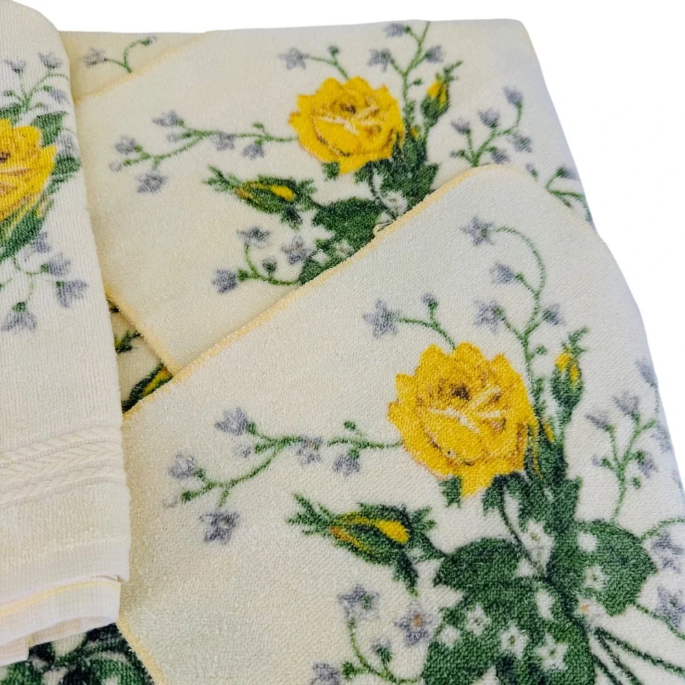 Vintage RA Briggs Yellow Rose Floral Towel Set 6pc Cotton Made in USA Retro MCM